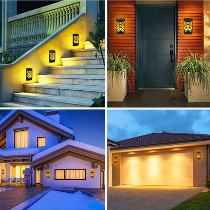 Four scenes of warm-lit exterior lights on stairs, porch, house, and garage at dusk.