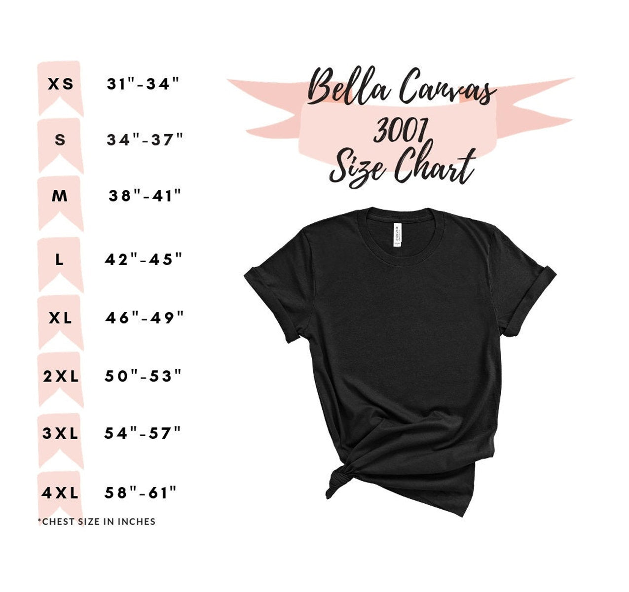 Black T-shirt with size chart for chest measurements from XS (31") to 4XL (61").