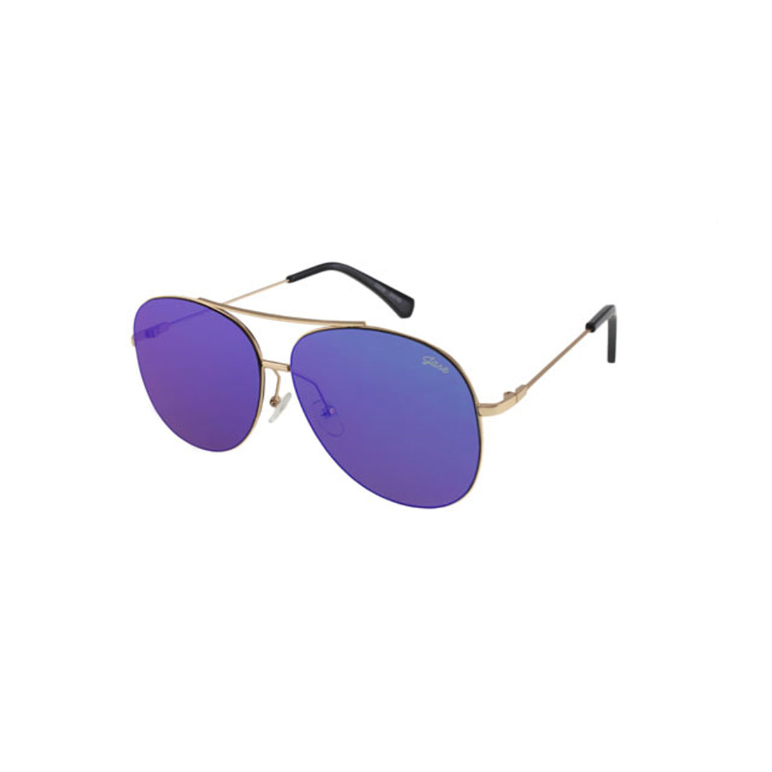 Aviator sunglasses with gold frames and blue tinted lenses on a white background.
