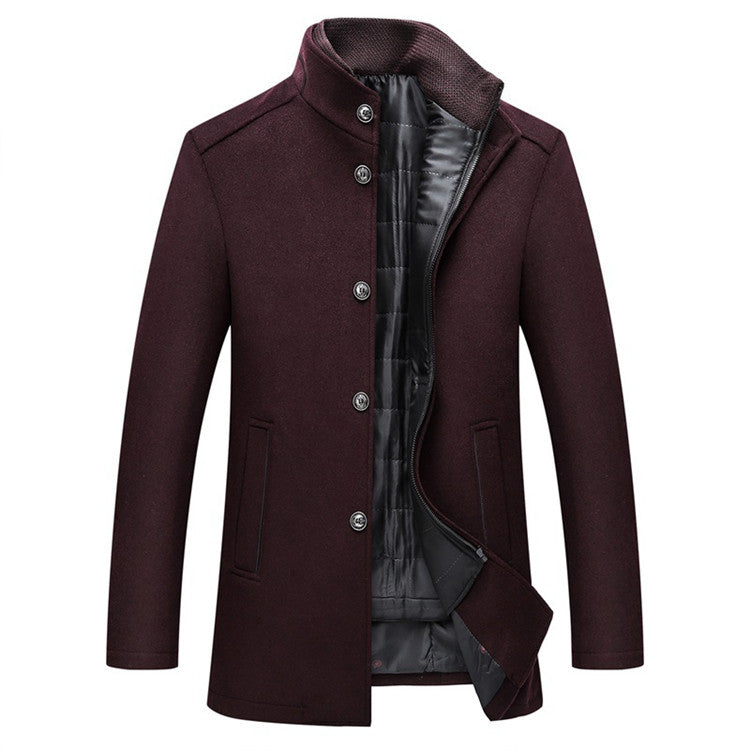 Dark maroon coat with high collar, button closure, black lining, and side pockets.