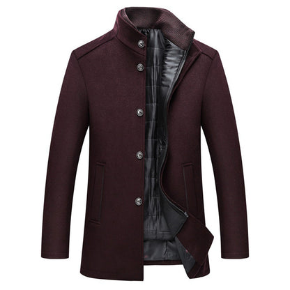 Dark maroon coat with high collar, button closure, black lining, and side pockets.