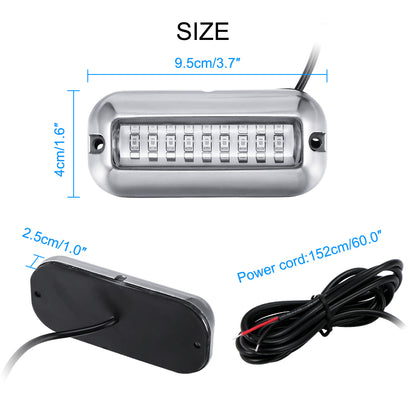 Silver LED light with dimensions labeled; black back and attached power cord coiled.