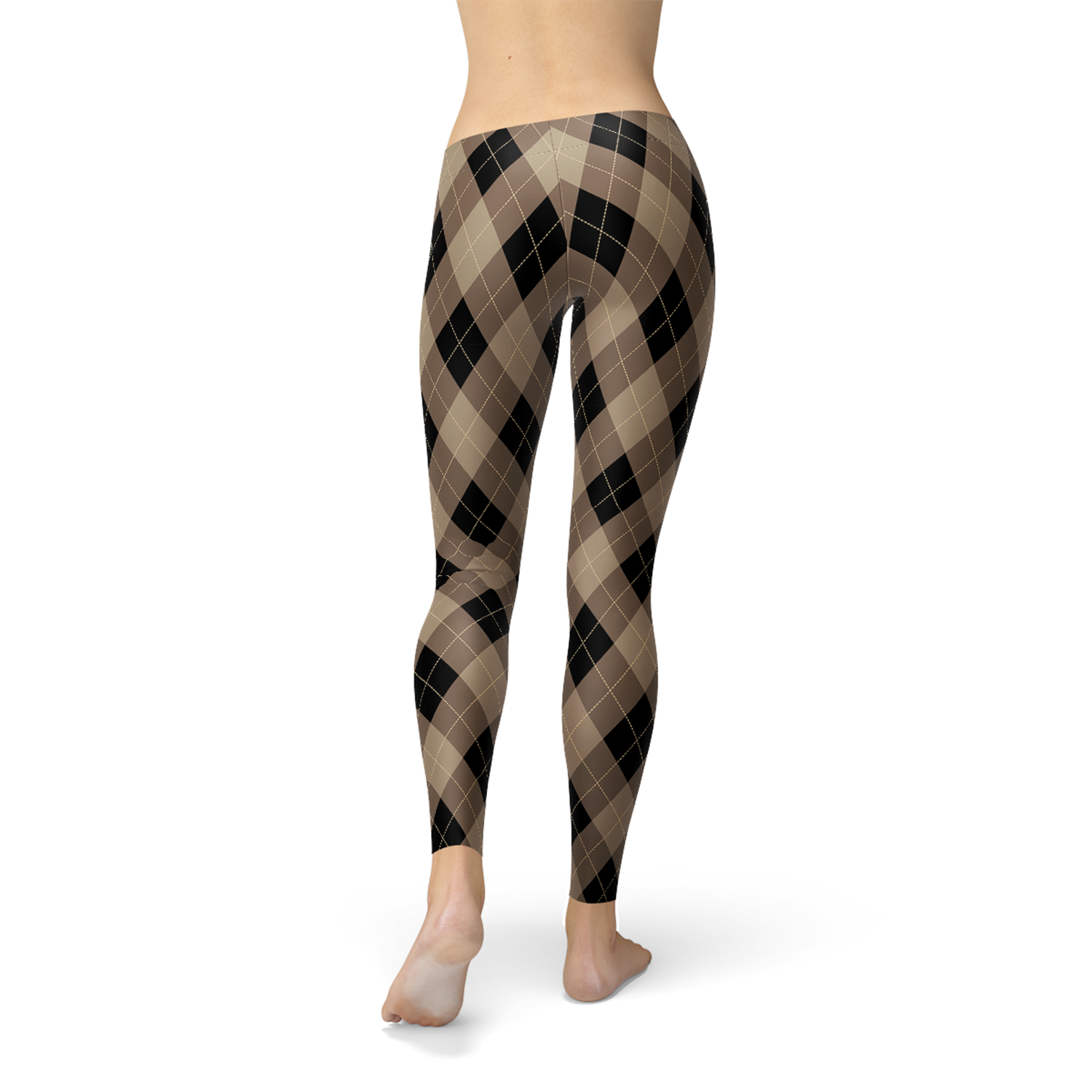 Back view of plaid leggings in brown and black pattern on a person standing barefoot.