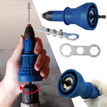 Blue rivet gun on a drill, includes hex wrench and rivet heads, hand adjusting with arrow.