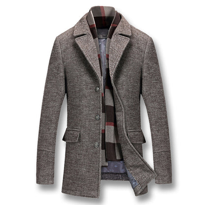 Gray wool coat with lapels, three buttons, front pockets, and a striped scarf inside.