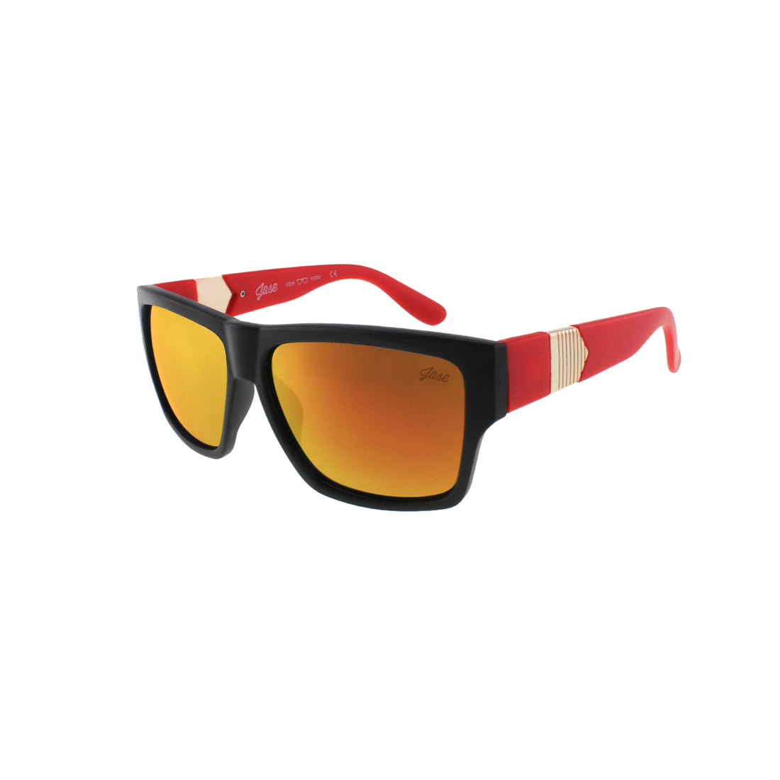 Black and red sunglasses with orange mirrored lenses and gold accents on the arms.