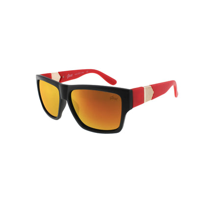 Black and red sunglasses with orange mirrored lenses and gold accents on the arms.