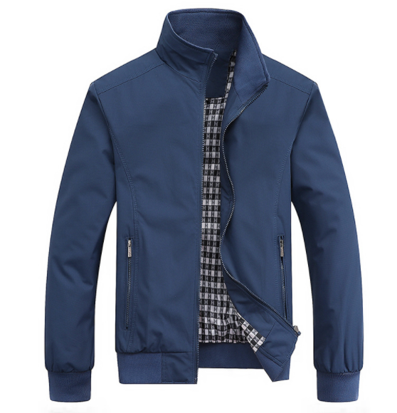 Blue zip-up jacket with a checkered inner lining, two zipped pockets, and a stand-up collar.
