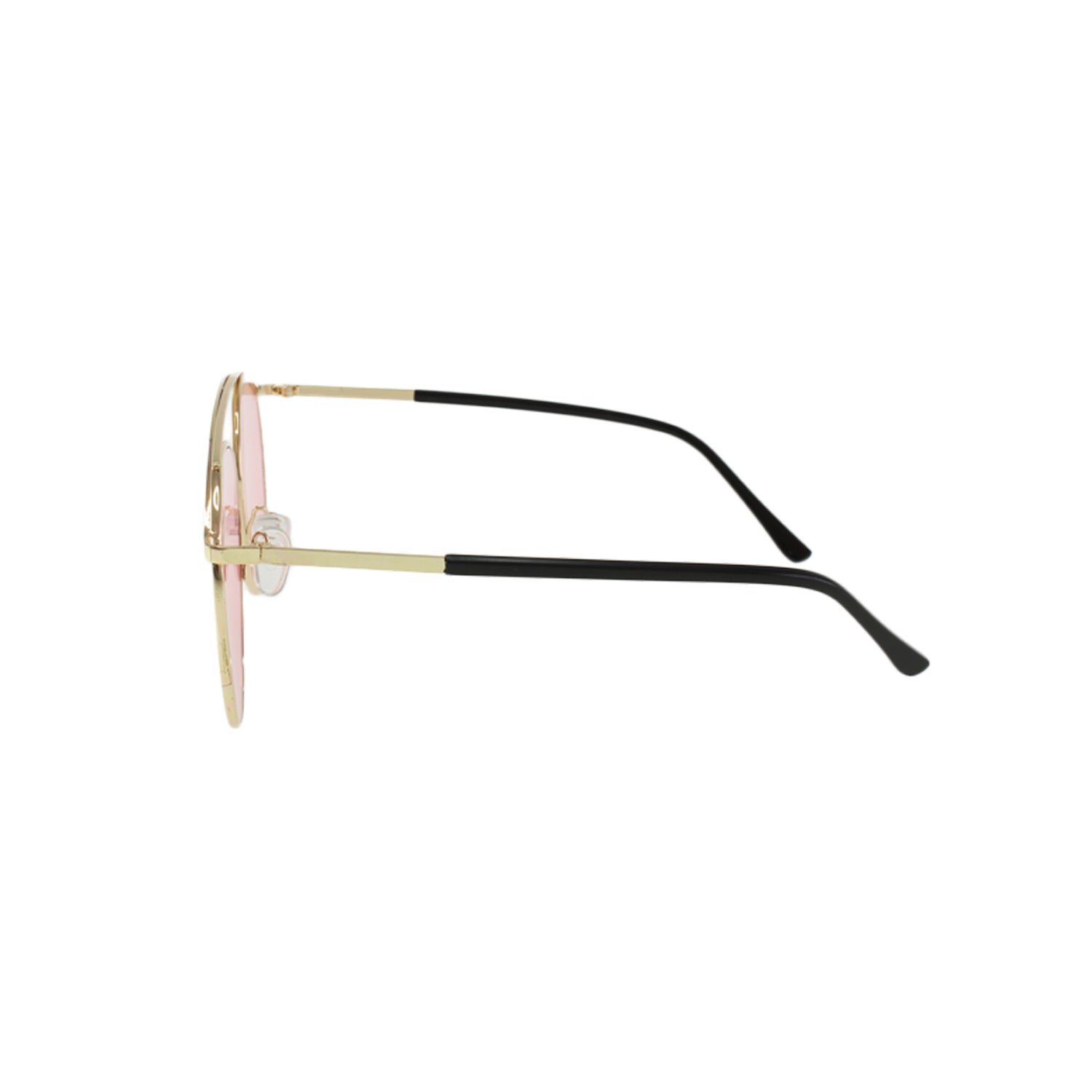 Side view of gold-framed glasses with pink lenses and black temple tips against a white background.