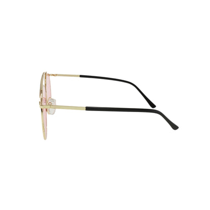Side view of gold-framed glasses with pink lenses and black temple tips against a white background.