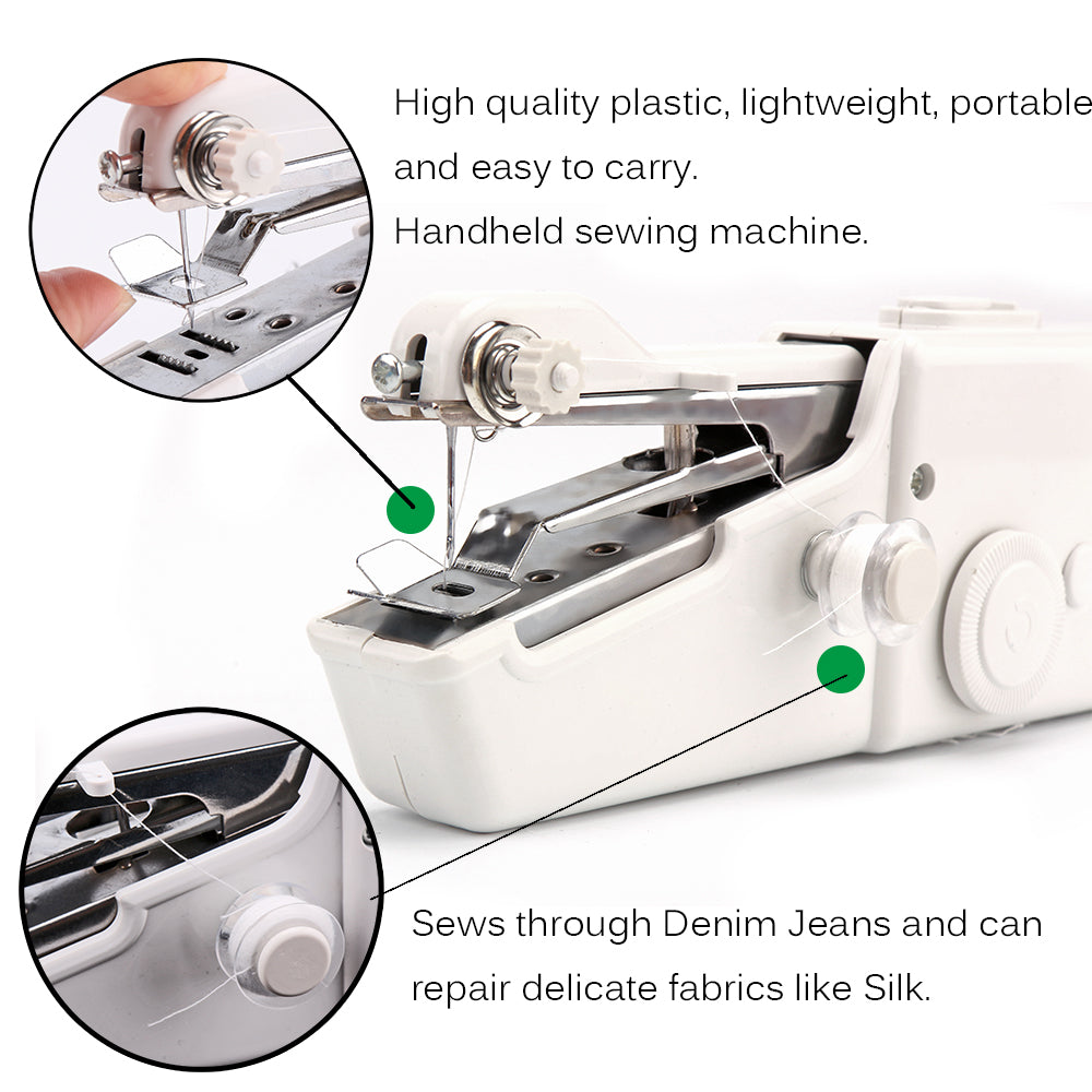 White handheld sewing machine with detailed parts, lightweight, suitable for various fabrics.