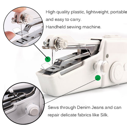 White handheld sewing machine with detailed parts, lightweight, suitable for various fabrics.