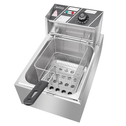 Stainless steel deep fryer with a mesh basket, control knob, and indicator lights.