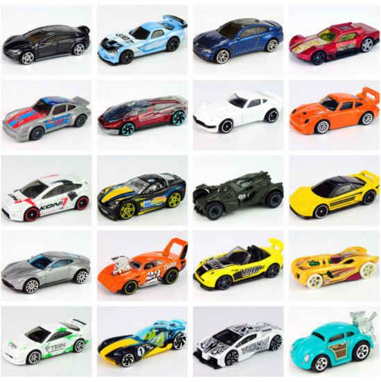 A grid of 20 colorful toy cars, each with unique designs and vibrant colors.