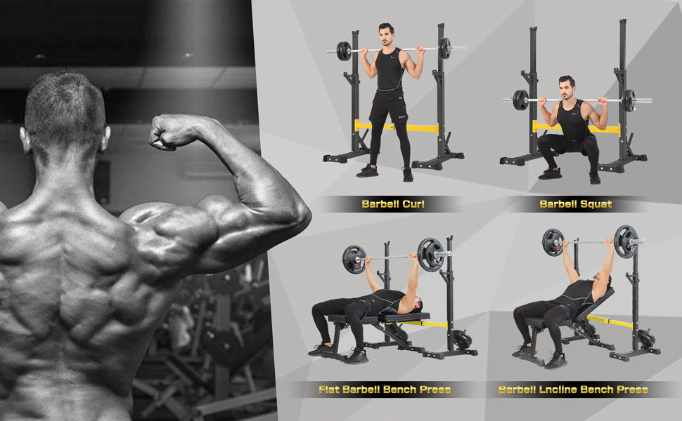 Muscular man flexing in gym, four images showing barbell exercises: curl, squat, flat, incline press.