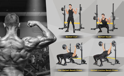 Muscular man flexing in gym, four images showing barbell exercises: curl, squat, flat, incline press.
