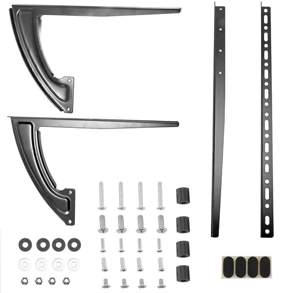 Black brackets and screws set with washers, nuts, and rubber spacers on a white background.