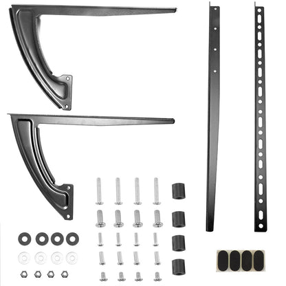 Black brackets and screws set with washers, nuts, and rubber spacers on a white background.
