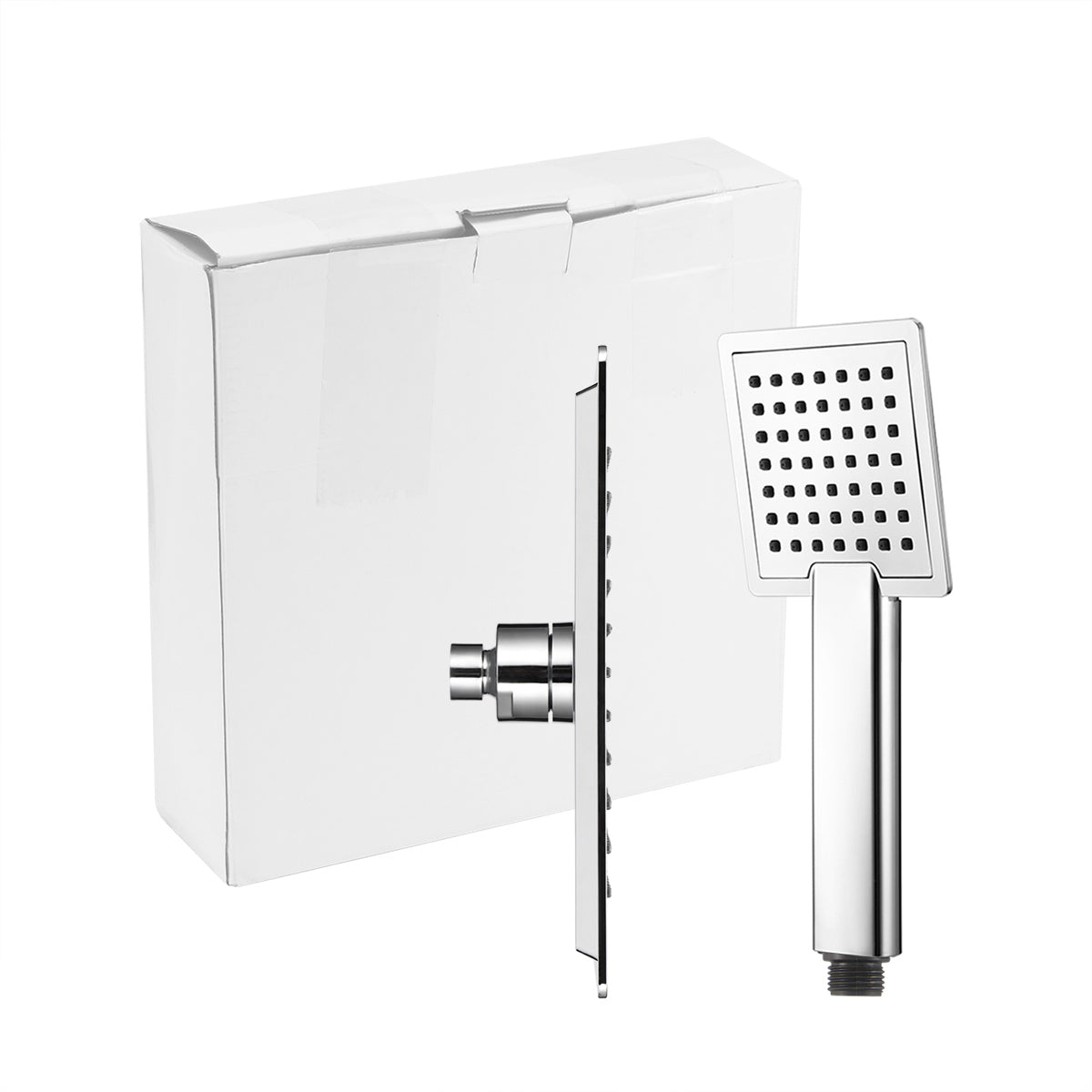 Square chrome showerhead with knob, white box background, modern design.