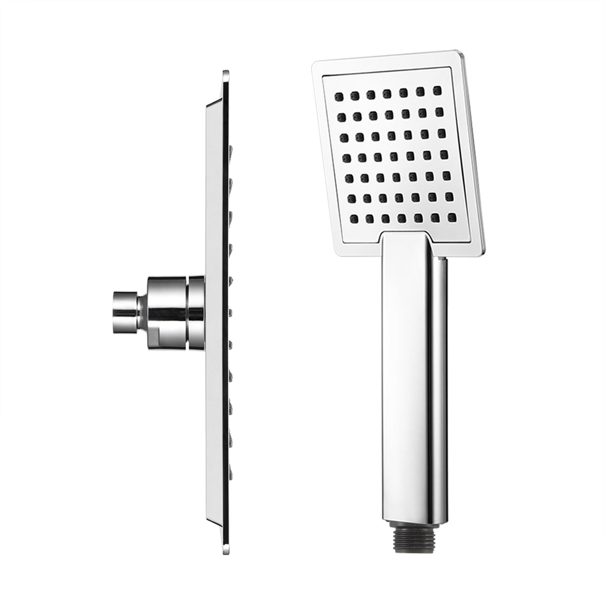 Chrome square handheld and wall-mounted showerheads with small nozzles, side and front view.
