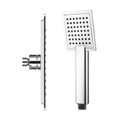 Chrome square handheld and wall-mounted showerheads with small nozzles, side and front view.