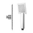 Chrome square handheld and wall-mounted showerheads with small nozzles, side and front view.