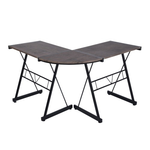 L-shaped wooden desk with black metal legs, featuring a dark finish and crossbar support.