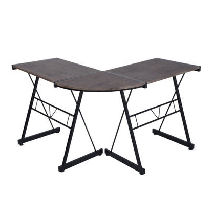 L-shaped wooden desk with black metal legs, featuring a dark finish and crossbar support.