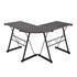 L-shaped wooden desk with black metal legs, featuring a dark finish and crossbar support.