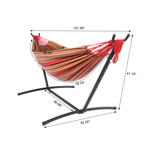 Striped hammock in vibrant colors on a black metal stand with dimensions labeled for reference.