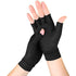 Hands in black fingerless gloves with thin white stripes, palms inward, fingers slightly spread.