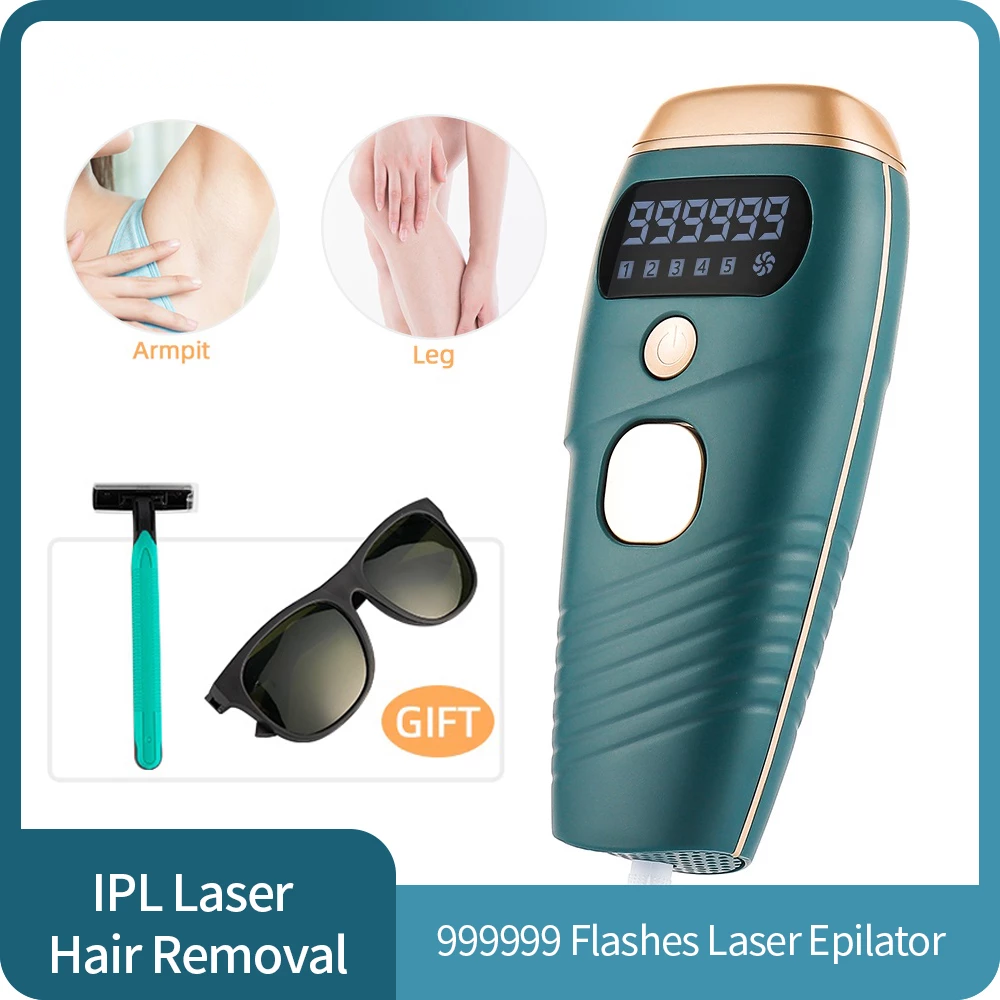 Teal IPL hair removal device with display, sunglasses, razor, and "Armpit" and "Leg" images.