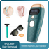Teal IPL hair removal device with display, sunglasses, razor, and "Armpit" and "Leg" images.