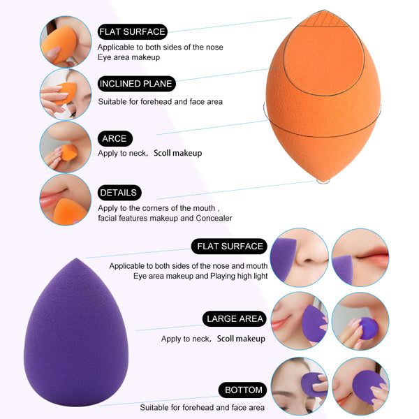 Orange and purple makeup sponges with labeled parts for specific face areas and makeup applications.