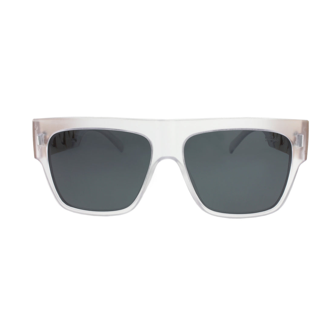 White square-framed sunglasses with dark lenses on a plain background.