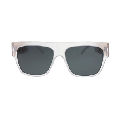 White square-framed sunglasses with dark lenses on a plain background.