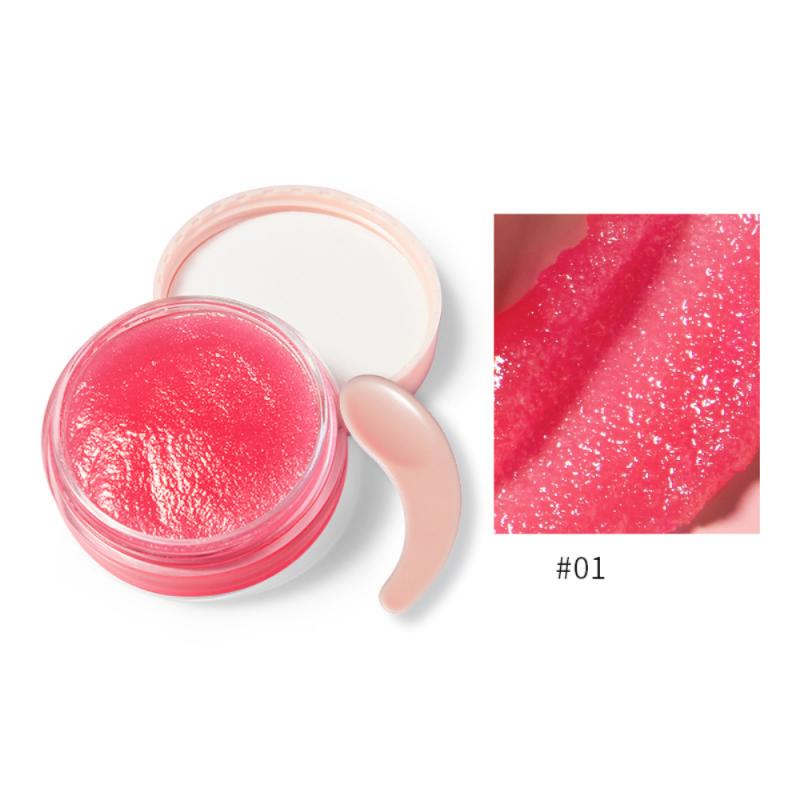Open jar of glossy pink lip balm with a pink applicator; close-up shows glittery texture.