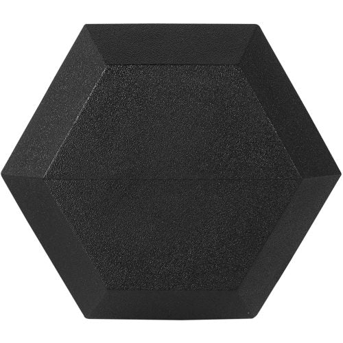 Black hexagonal object with a textured surface.