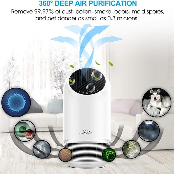 White air purifier in a living room, emitting blue airflow; icons show filtered particles.