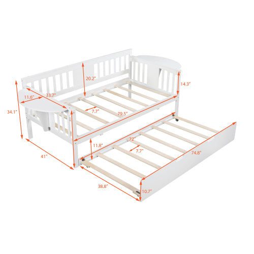 White wooden daybed with trundle, slatted design, and visible measurements in red text.