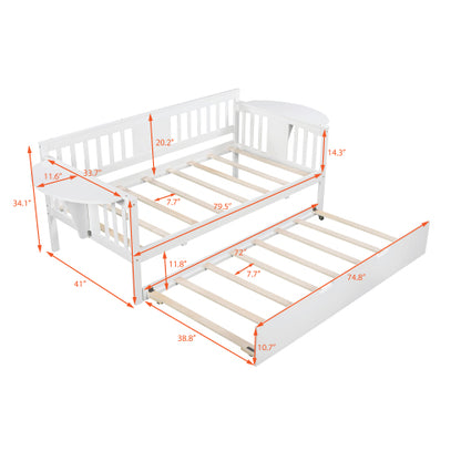 White wooden daybed with trundle, slatted design, and visible measurements in red text.
