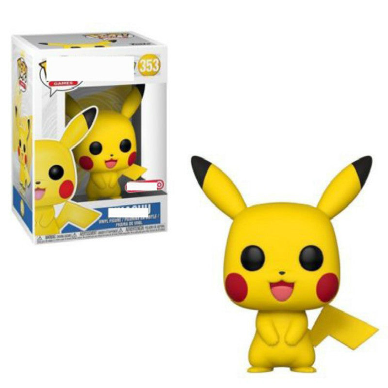 Funko Pop figure of a yellow Pikachu with black-tipped ears and red cheeks, next to its box.