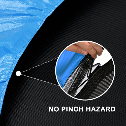 Blue and black trampoline cover with focus on a hand showing mesh detail. Text: "No Pinch Hazard".