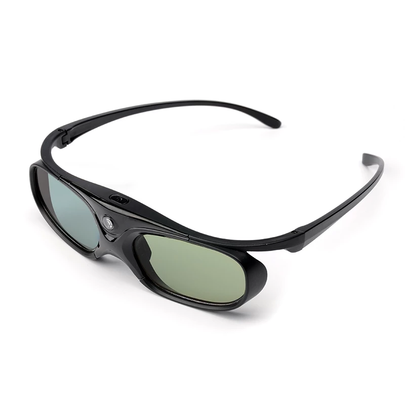 Black 3D glasses with green-tinted lenses, featuring a button on the sleek, curved frame.