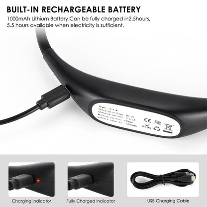 Black device with USB charging, red indicator, and battery specs. Includes charging cable.