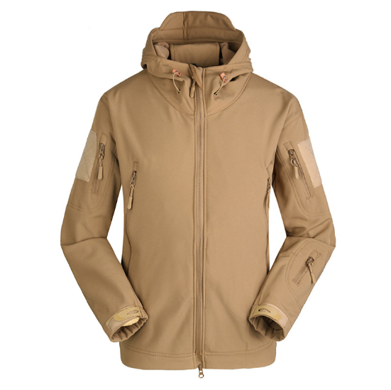 Tan hooded jacket with multiple zipper pockets, velcro patches on sleeves, and adjustable cuffs.