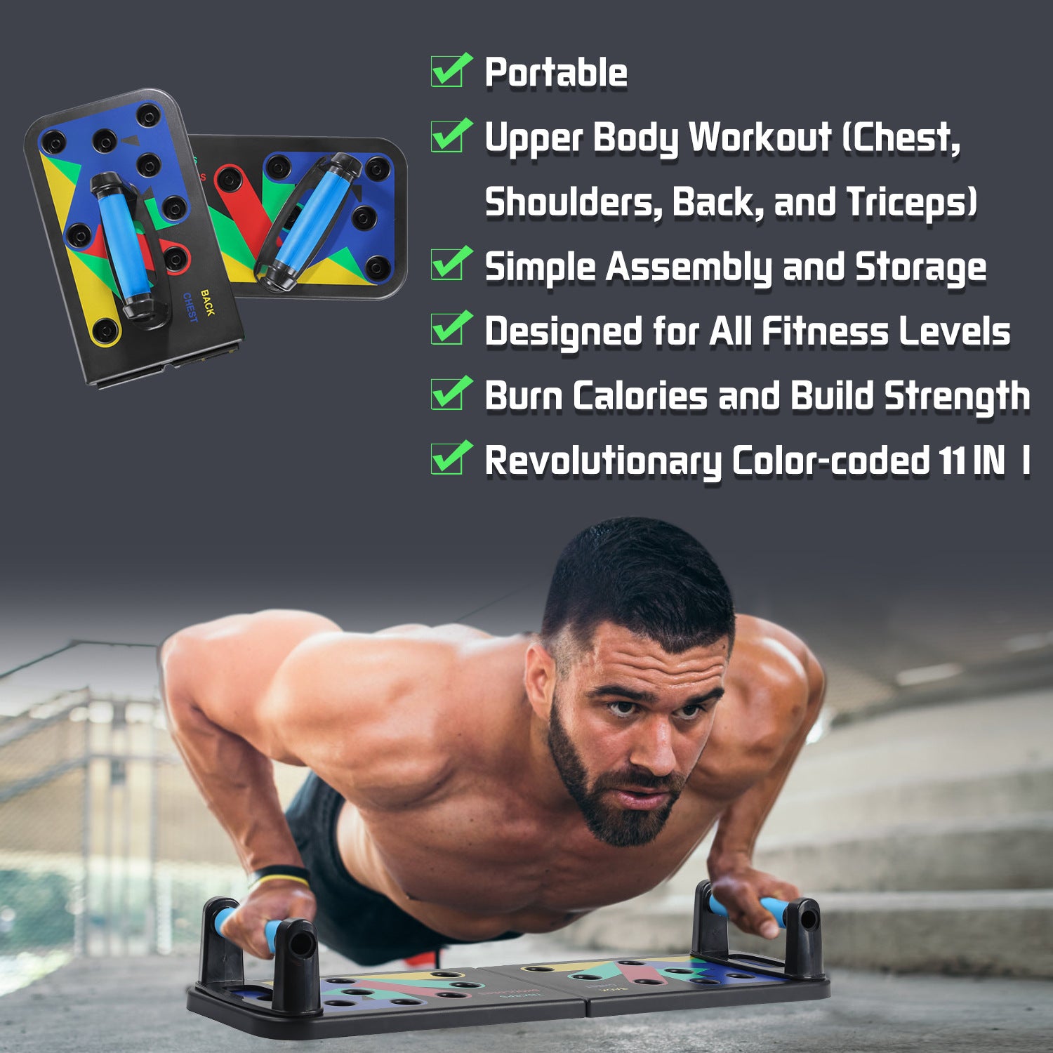 Man doing push-up on color-coded workout board with text listing fitness benefits.