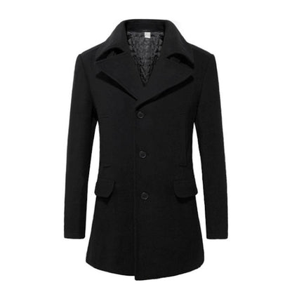 Black winter coat with wide lapels, three buttons, and two flap pockets against a white background.