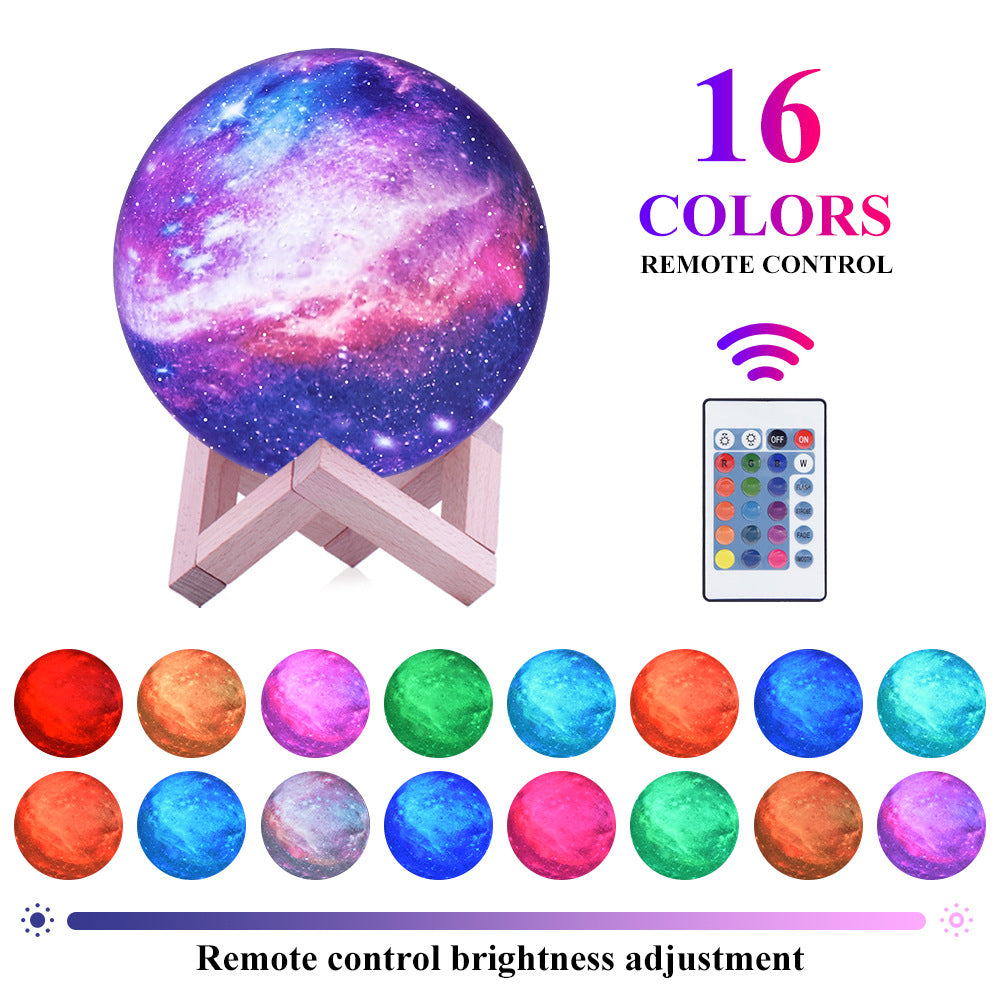 LED moon lamp with colorful galaxy design, wooden stand, 16 color options, and remote control.