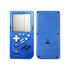 Blue handheld game console with white buttons, a gray screen, and cartoon cat graphic.